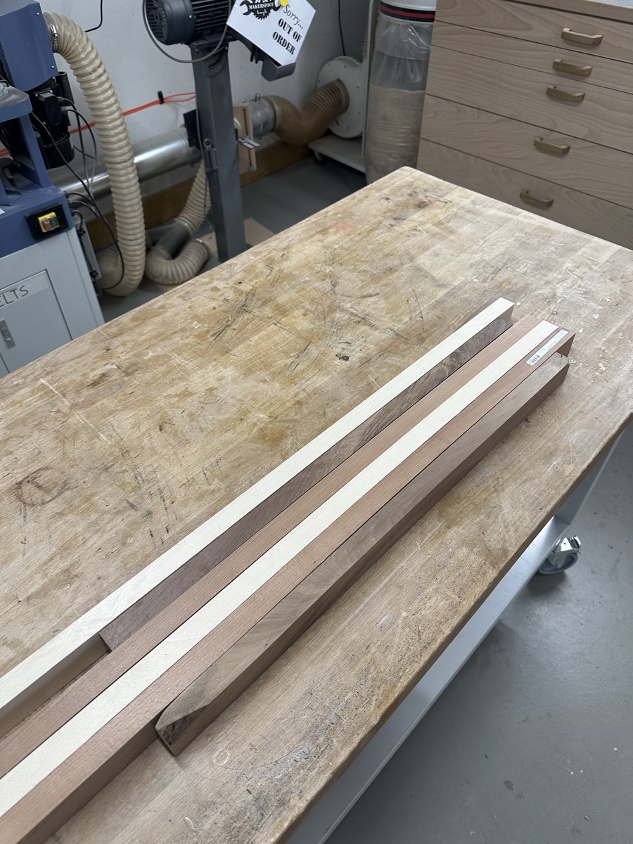 Initial glue-up of three wood species clamped in Bessey pipe clamps