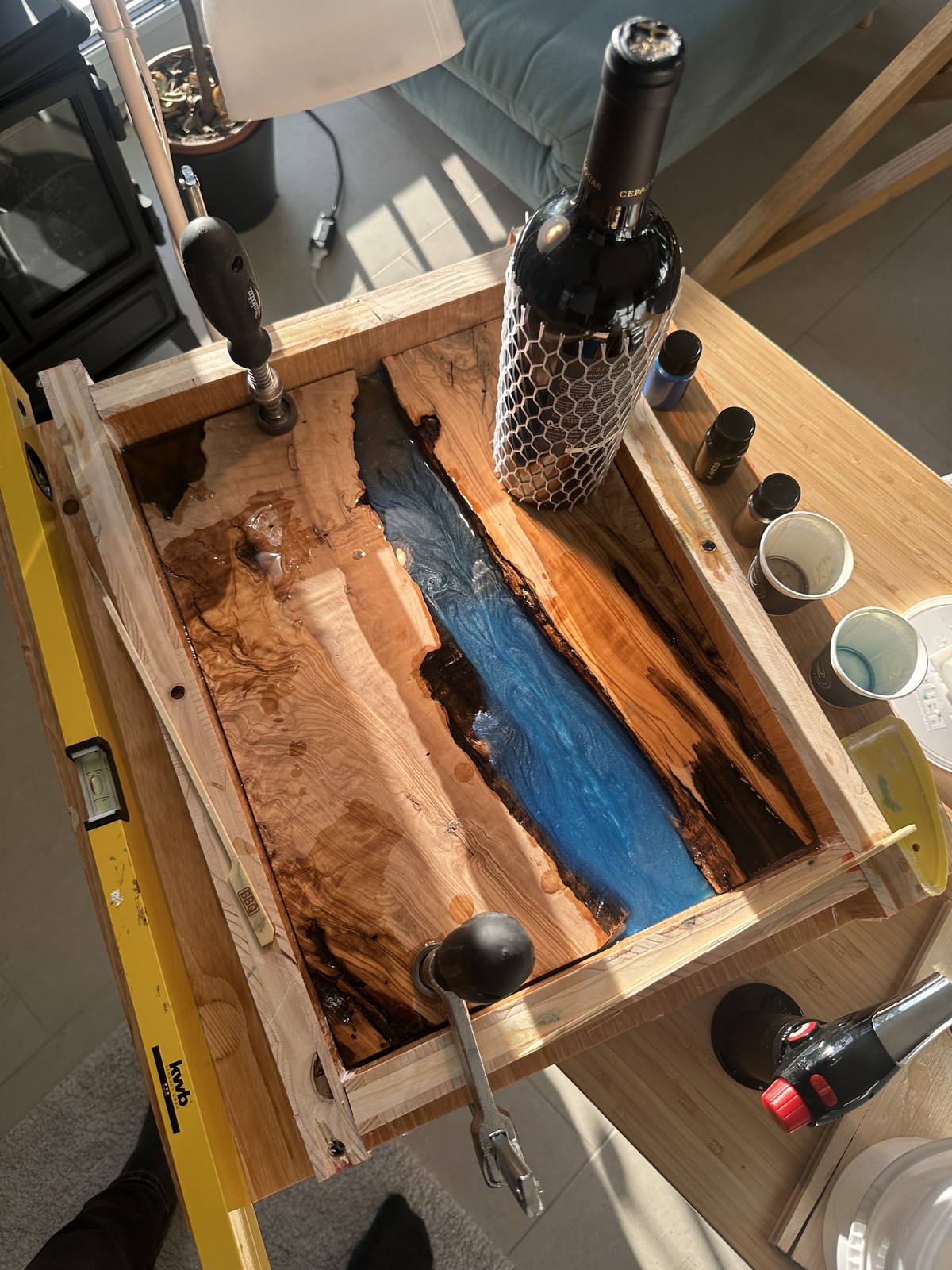 Custom melamine mold setup with clamped olive slabs