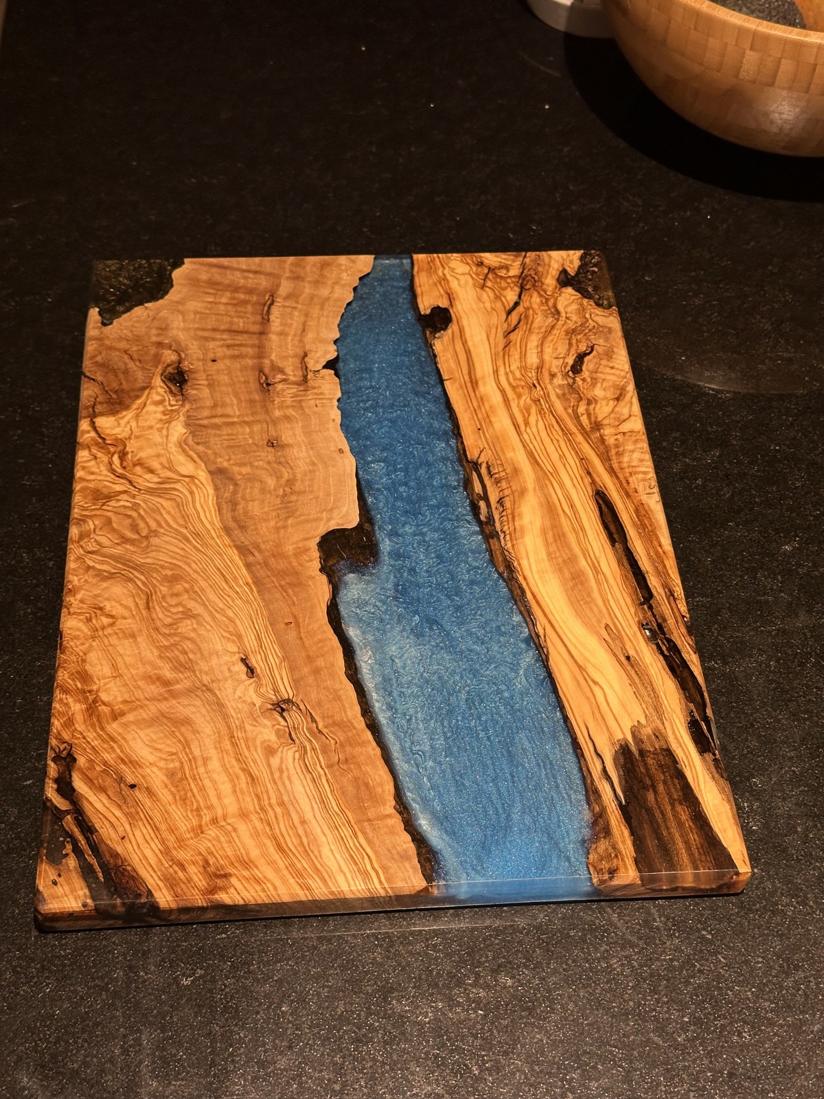 Live-Edge Olive Wood and Blue Mica Epoxy River Board