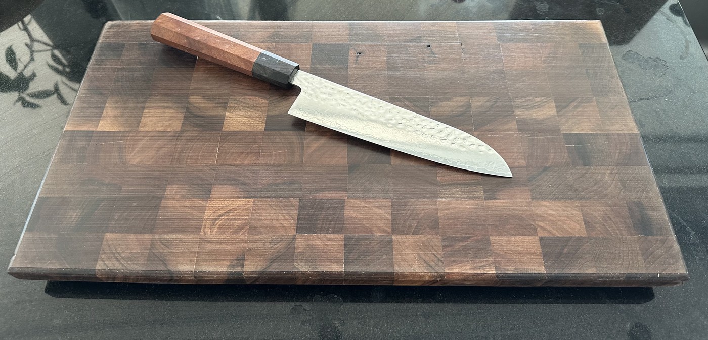 Solid Walnut End Grain Cutting Board (45cm x 27cm x 2.5cm) with Japanese Santoku Knife